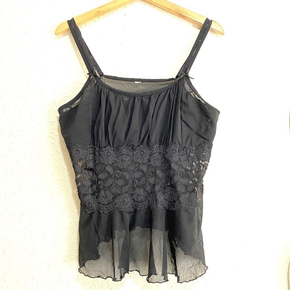 Tops - Vtg Y2K Witchy Sheer Black Lace Floral Babydoll Camisole Top Women Lingerie L